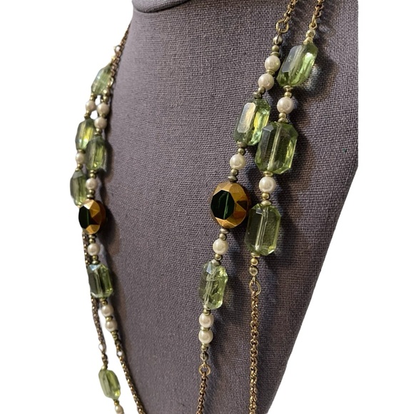 ❤️ Vintage Bohemian Green x Gold x Pearl Long Necklace - Picture 3 of 7